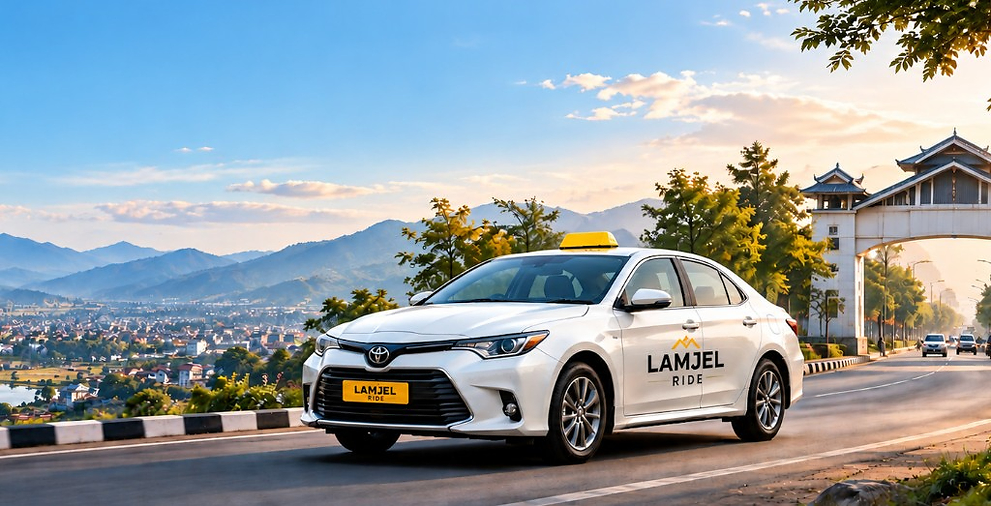 White Lamjel taxi sedan driving on a scenic road in Imphal